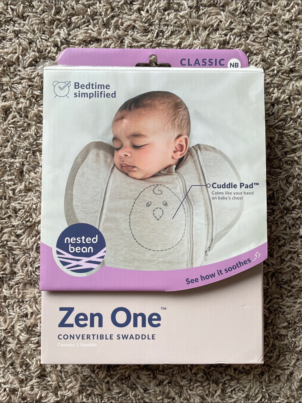 Nested Bean Zen One Convertible Swaddle in Heather Gray and Lilac Accents